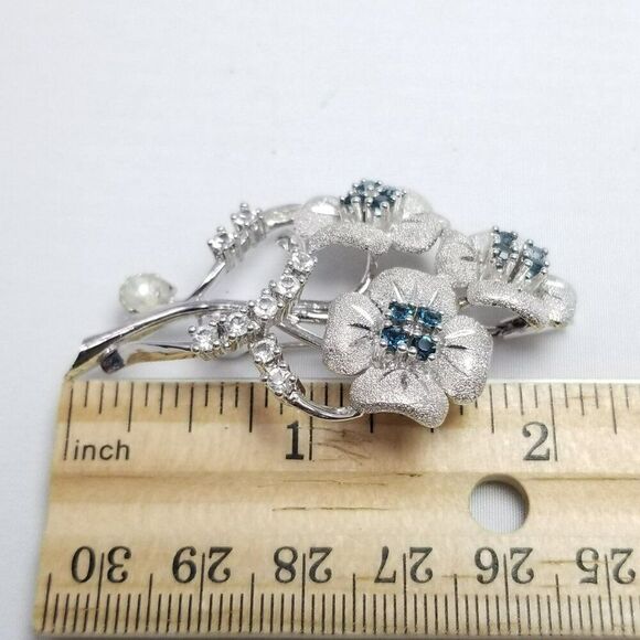 Vintage Sterling Silver Blue Rhinestone Flower Brooch, Estate Lapel Pin - Picture 4 of 7